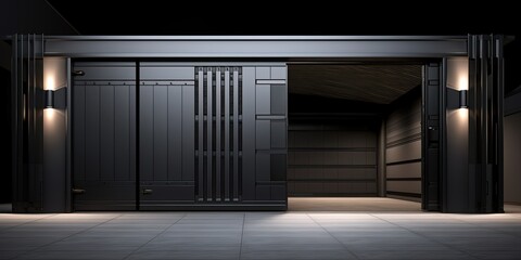 Poster - hutters, gates, steel doors, loading section, garage view. locking mechanism. black grey.