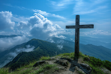 View of religious cross on top of mountain with sky and clouds. Generative Ai