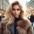 Woman with blonde hair wearing a fur coat