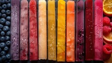 Closeup of colorful juicy ice pops with fruits. Top view of fruit flavor water ice sweet background from above