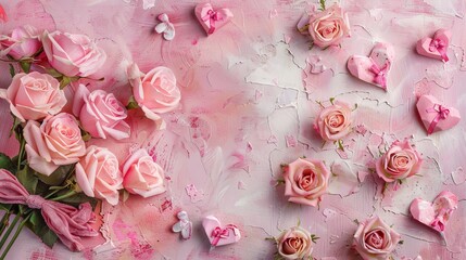 Aufkleber - Pink roses, a bow, and paper hearts decorate this Valentine's Day background