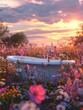 An image capturing a spectacular sunset illuminating a vintage bathtub in a sea of wildflowers that symbolizes peace