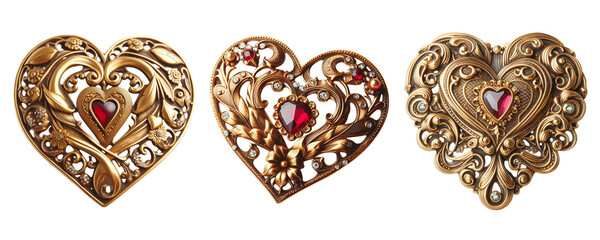 Wall Mural - 3 Old fashioned love brooch made of gold with intricate design isolate on transparent background