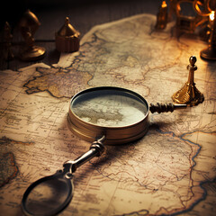 Wall Mural - Vintage map with a magnifying glass.