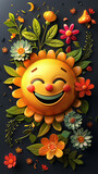 Fototapeta  - A smiling sunflower surrounded by vibrant, colorful flowers and leaves