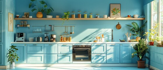 Poster - Interior of a blue kitchen with an island, featuring white countertops and utensils and appliances. Working space in the kitchen. 3D animation.