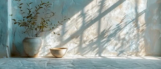 Poster - A shadow is cast by the sun over the white concrete wall.
