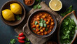 A top down shot of a colorful spread featuring chana masala served in traditional ceramic bowls, surrounded by vibrant cilantro leaves and lemon wedges