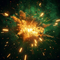 Canvas Print - Firework flare, flash, bright twinkle, realistic 3D  illustration of explosion with sparks, green light and smoke. Bomb explodes with yellow glowing center and flying particles or embers.