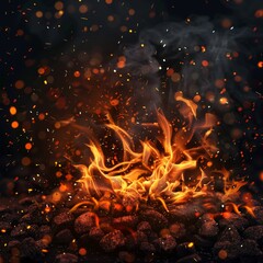 Wall Mural -  realistic heat effect of flame in bonfire, from blacksmith works or hell isolated on transparent background. Smoke, sparks, and fire particles.