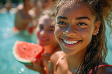 Summer joy: Radiant smiles by the pool. Close-up of a joyful girl with a radiant smile, c watermelon enjoying a sunny day by the pool with friends, epitomising the spirit of summer fun.