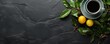 Cup of hot tea and tea leaves on dark luxury stone background, banner. Generative Ai.