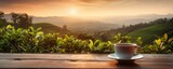 Fototapeta Zwierzęta - Cup of hot tea and tea leaf on the wooden table with tea plantations background, banner. Generative Ai.