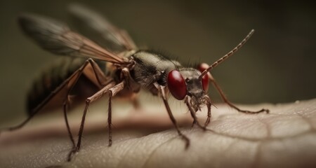 Canvas Print -  Close-up of a bee with striking red eyes, poised on a human hand