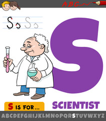 Sticker - letter S worksheet with cartoon scientist character