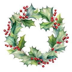 Sticker - watercolor holly wreath with red berries on white