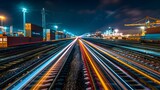 Fototapeta  - Nighttime Railway Tracks with Vibrant Light Trails