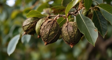 Poster -  Nature's bounty - Fresh, unripe nuts hanging from a tree