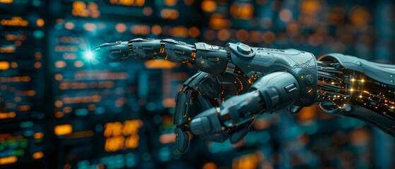 Poster - In security trading stock exchange market, AI helps traders analyze data. AI chatbot trades on forex. A robot handles stock market automation. A robot points financial business charts.
