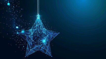 Poster - Merry Christmas greeting card with star toy. Abstract geometric background. Wireframe light connection structure Modern 3D graphic concept. Isolated  illustration.