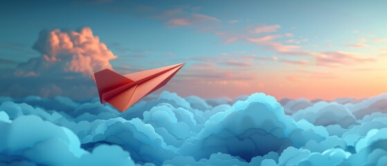 Poster - Cartoon Paper Airplane icon with clouds. Send message concept. Bell notification isolated on blue background. 3D rendering.