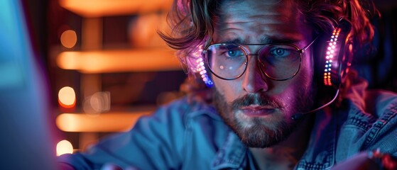 Leinwandbilder - An individual working on a laptop in a dark room with neon lights. A computer hacker or video gamer or programmer with a headset and glasses works on a laptop in the darkened room. Personal computers
