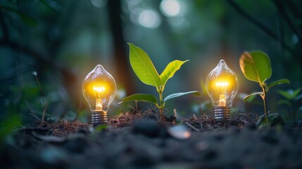 Aufkleber - Protection of the environment, renewable and sustainable energy sources. Plant growth in bulb-shaped pots