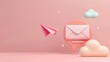 Template to sign up for a newsletter with a cartoon paper airplane. Email business marketing concept. Registration form. Web button mockup. 3D rendering.