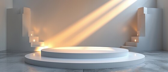 Aufkleber - Round pedestal podium in shiny white with spotlights on white background. Abstract high quality 3D concept. Can be added to banners, flyers, or web pages.