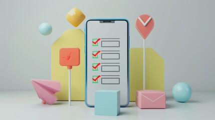 Fototapete - An isolated 3D rendition of a realistic mobile phone with a checklist. The smartphone screen is adorned with checkmarks. To do list with completed tasks. Note with a survey or completed test.