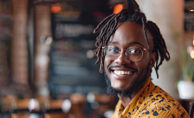 A man with dreadlocks is smiling at the camera. He is wearing a brown shirt and has a beard. a stylish and handsome african man in his 30s with well kept dreadlocks black hair. chic boho decor