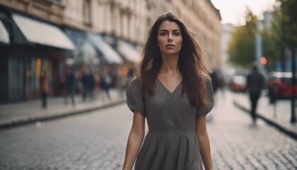 Wall Mural - Beautiful brunette young woman wearing dress and walking on the street