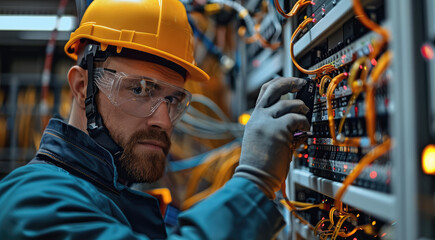 Poster - Professional electrician measuring the current flow in an electrical panel using an ammeter. Generative AI.