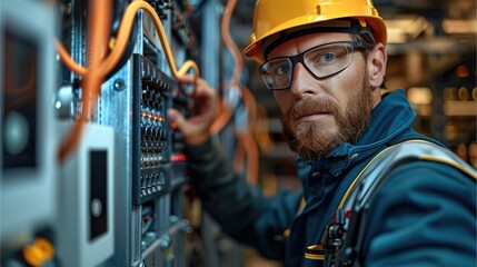 Poster - Professional electrician measuring the current flow in an electrical panel using an ammeter. Generative AI.