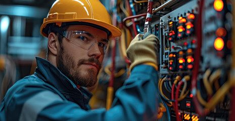Poster - Professional electrician measuring the current flow in an electrical panel using an ammeter. Generative AI.