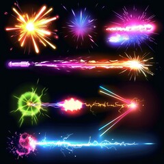 Fototapete - Colorful neon flashes from an explosion, futuristic space blaster, laser gun rays, and magic power charge.  illustration of neon flashes from explosions.