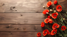Red poppies flowers on wooden surface backdrop. Remembrance, Veterans, Anzac day background with empty copy space for text