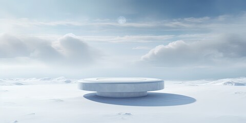 Wall Mural - On a wintry day, a stark white podium stands against the backdrop of a peaceful sky, with a round object in the center surrounded by a blanket of snow, creating an enchanting and tranquil