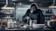 Gorilla chef cooks preparing food in restaurant kitchen. Animal chef
