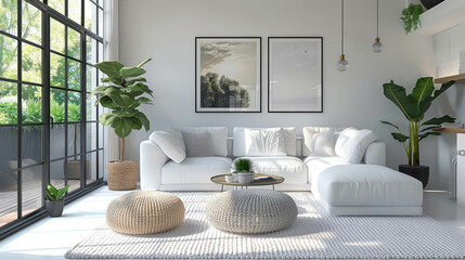 A living room with a white couch, two poufs, and a plant