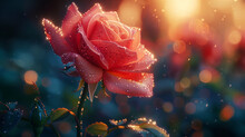 Close-up Of A Red Rose With Dew Drops, Against A Soft-focus Background Of Warm, Twinkling Lights. For Desktop Wallpaper.
