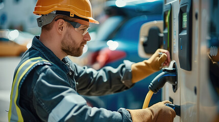 Poster - Worker with hard hat fixing an EV station. Generative AI.
