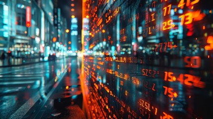 Wall Mural - an urban night scene with a dynamic overlay of glowing binary code, symbolizing the intersection of 