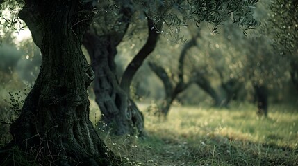 Canvas Print - Peaceful olive grove in soft morning light, nature's serenity captured. ideal for calming backgrounds. AI