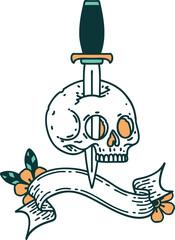 tattoo with banner of a skull and dagger