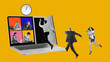 © master1305 - Contemporary art collage. People workers running to open door in laptop on which taking place online meeting. Hyrbrid work in office and in distance. Concept of business, multitasking, management. Ad