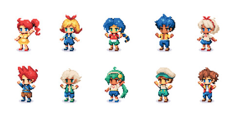 Vector Cute Pixel Art Characters Boys Girls set illustration Isolated