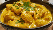 Creamy chicken curry dish garnished with fresh herbs
