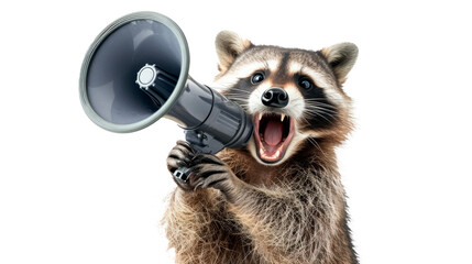 A raccoon is holding a megaphone and saying something. Isolated on transparent background, PNG