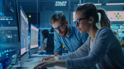 A male and female web developer pair troubleshooting together, focusing intently on the computer screen in a tech-laden office, business technology, with copy space